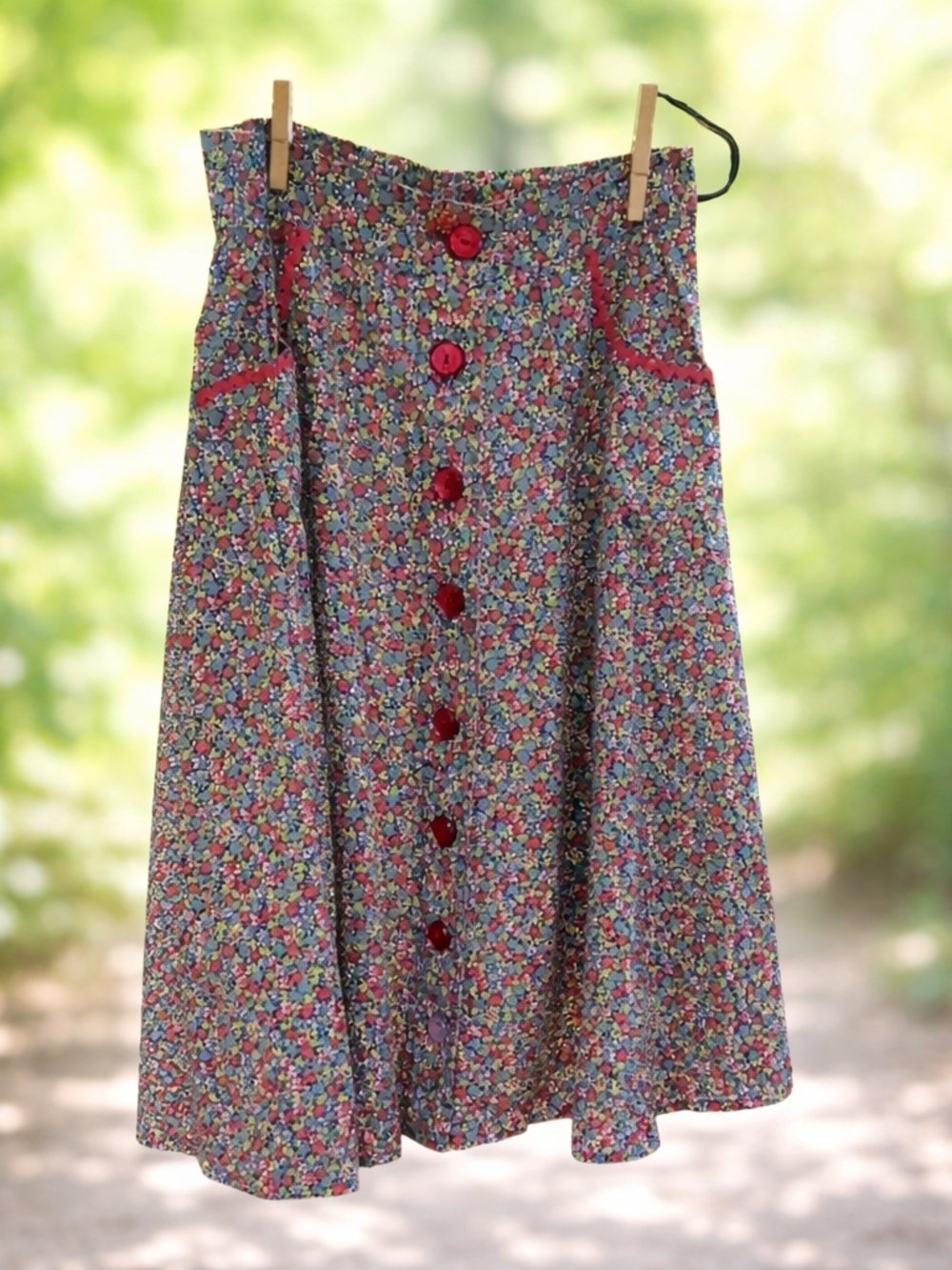 Multicolor Floral A-Line Skirt with Red Button Trim